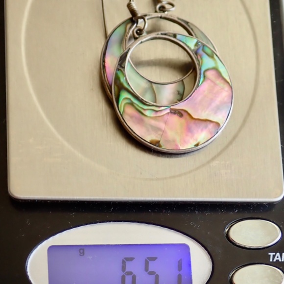 Vintage Mexico Alpaca Inlay Abalone Shell Signed Earrings Hoop Dangle Pierced - Picture 6 of 11